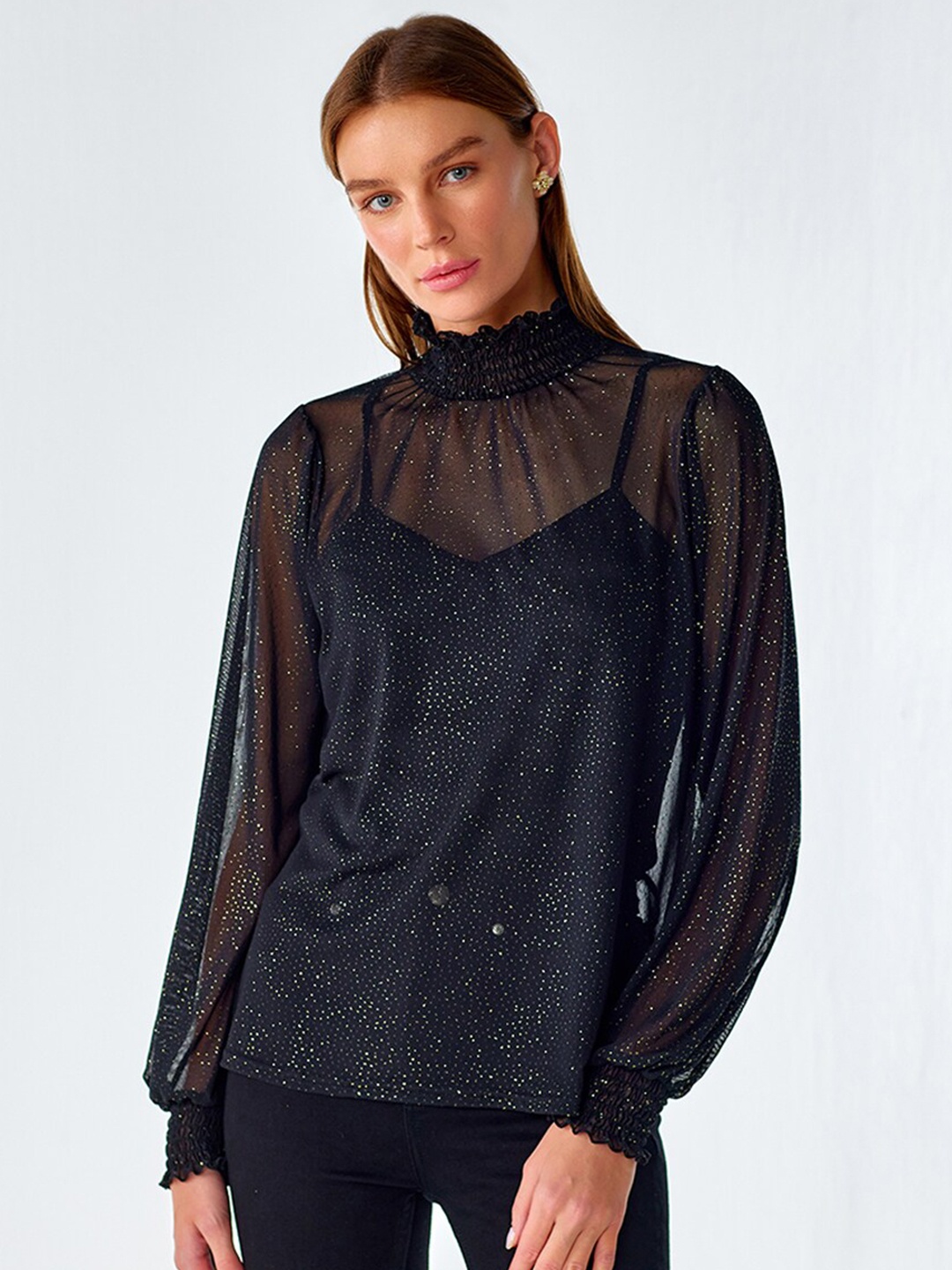 

COVER STORY Embellished High Neck Regular Top, Black