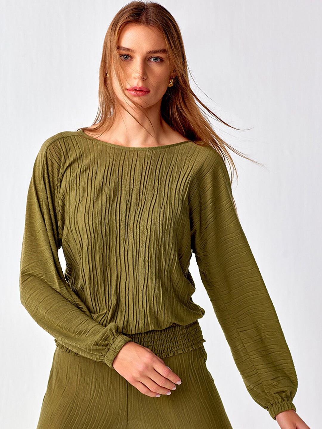 

COVER STORY Olive Green Self Design Top