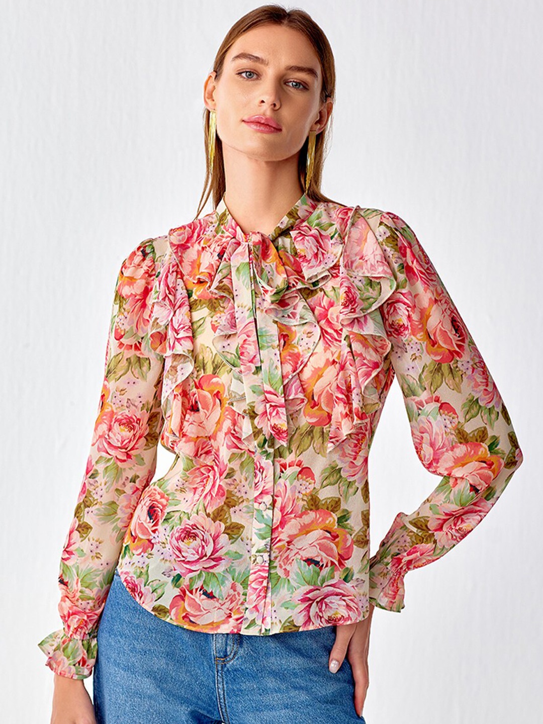 

COVER STORY Green Floral Printed Shirt Style Top