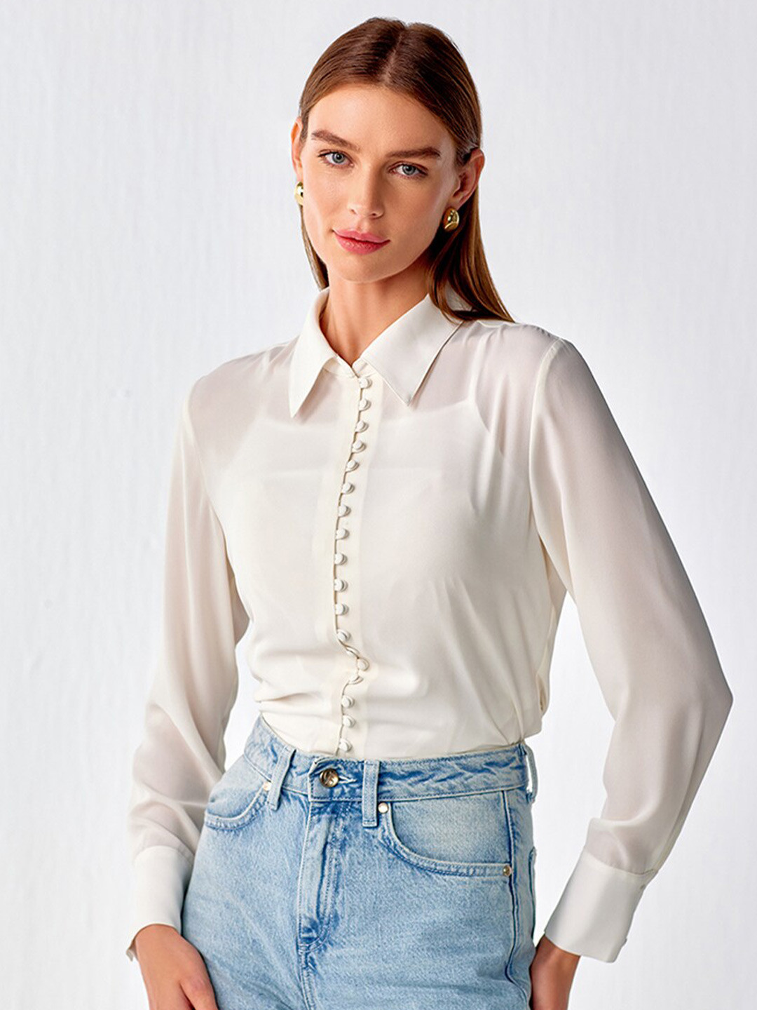 

COVER STORY Spread Collar Long Sleeves Casual Shirt, Off white