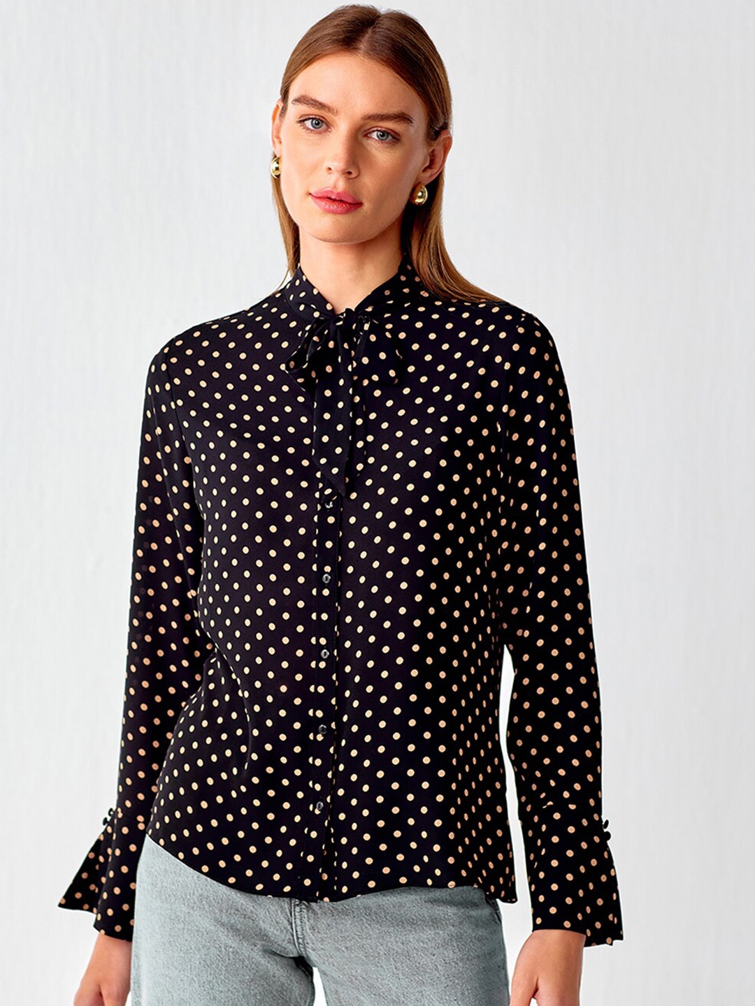 

COVER STORY Polka Dot Printed Mandarin Collar Long Sleeves Casual Shirt, Black