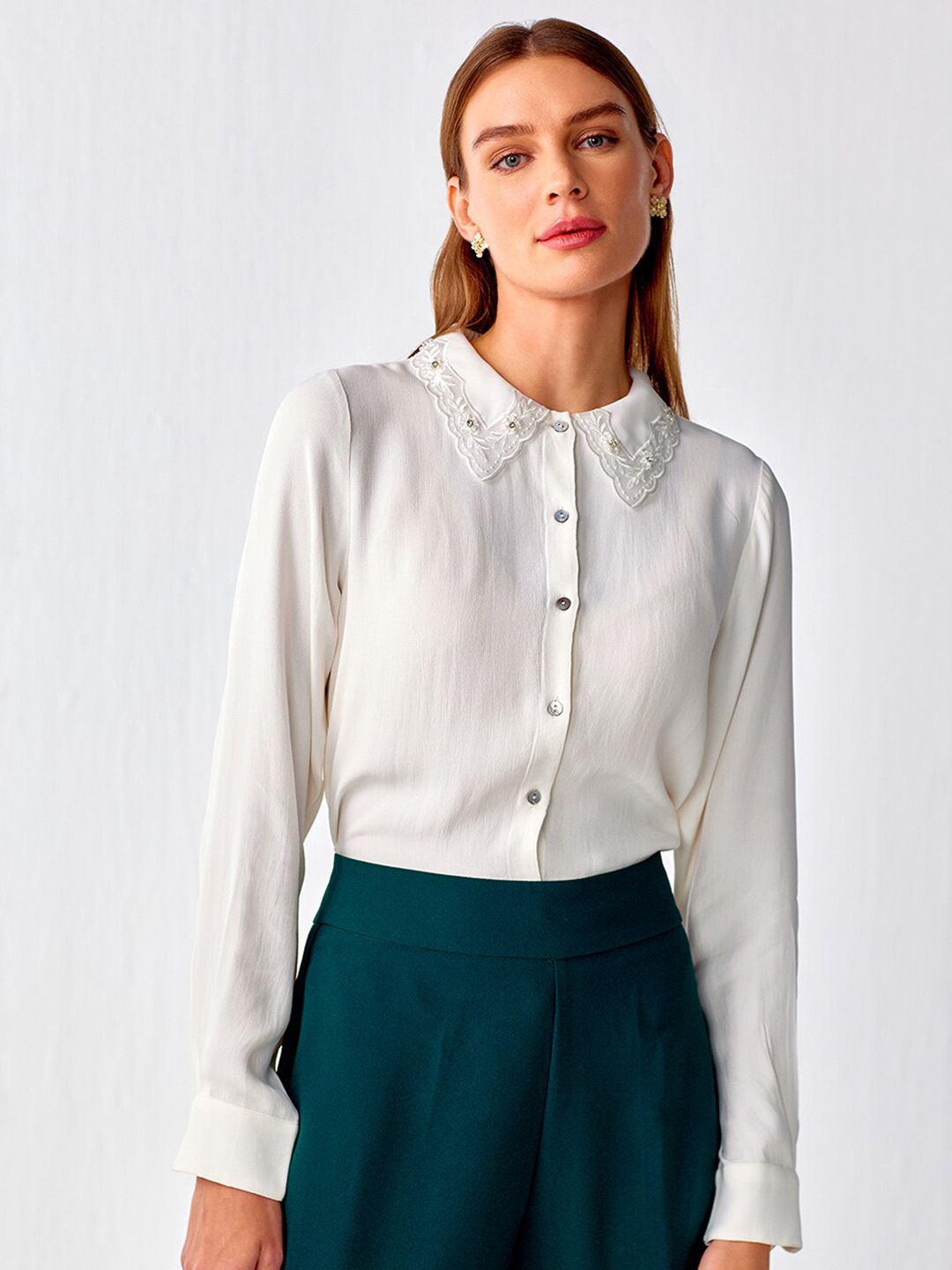 

COVER STORY Women Spread Collar Embellished Long Sleeves Casual Shirt, Off white