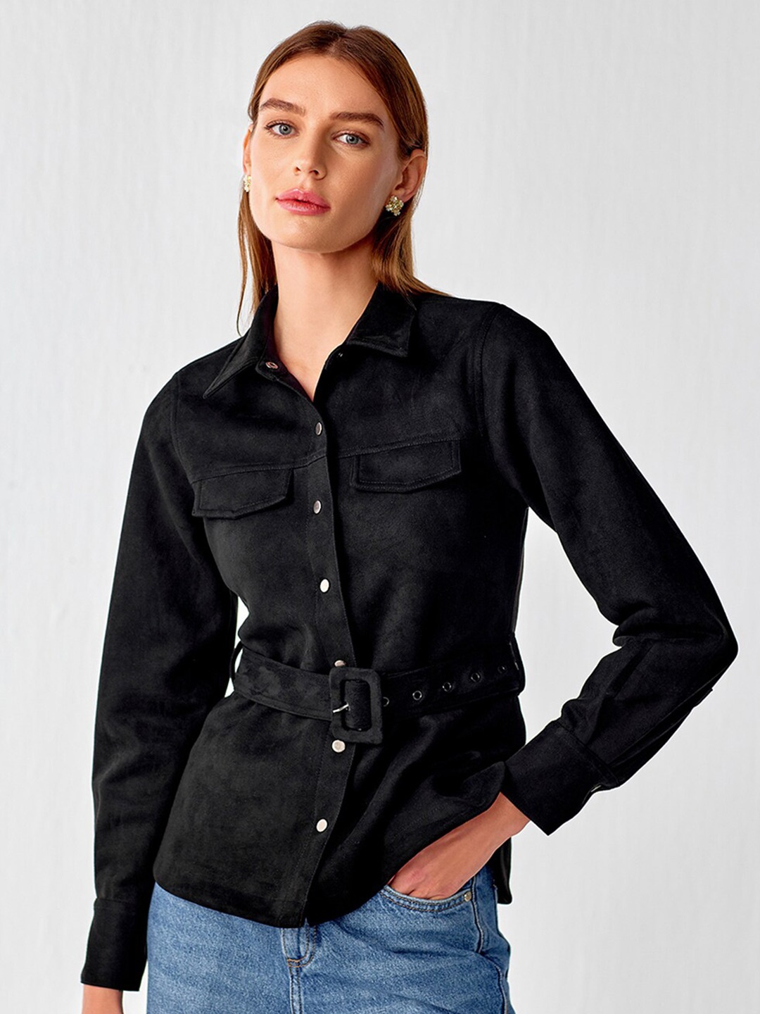 

COVER STORY Spread Collar Long Sleeves Casual Shacket With Belt, Black