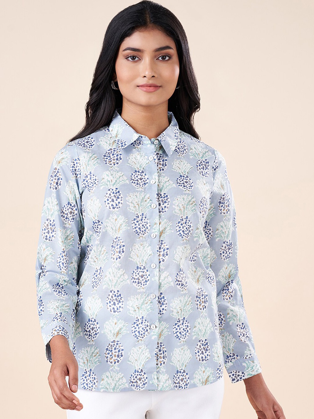 

AKKRITI BY PANTALOONS Conversational Printed High-Low Casual Shirt, Blue