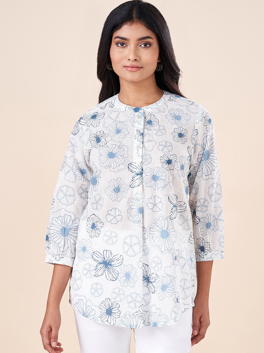 

AKKRITI BY PANTALOONS Floral Printed Mandarin Collar Cotton Tunic, White