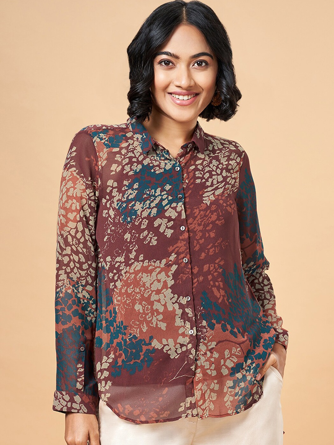 

Marigold Lane Abstract Printed Shirt Collar Cuffed Sleeves Tunic, Brown