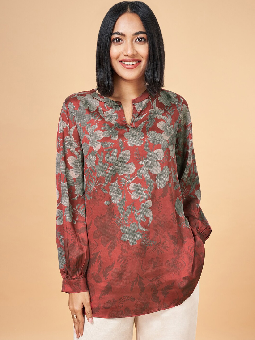 

Marigold Lane Floral Printed Mandarin Collar Tunic, Red