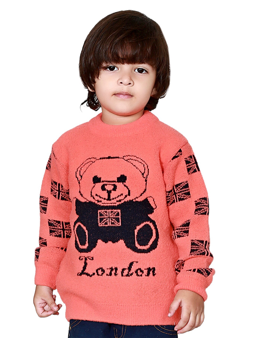 

BAESD Kids Conversational Printed Round Neck Acrylic Pullover Sweater, Peach