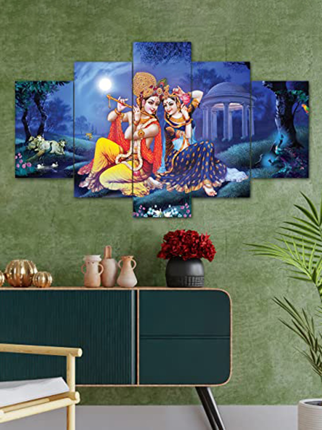 

Perpetual Blue & Yellow 5 Pieces Radha Krishna Wooden Painting Wall Art