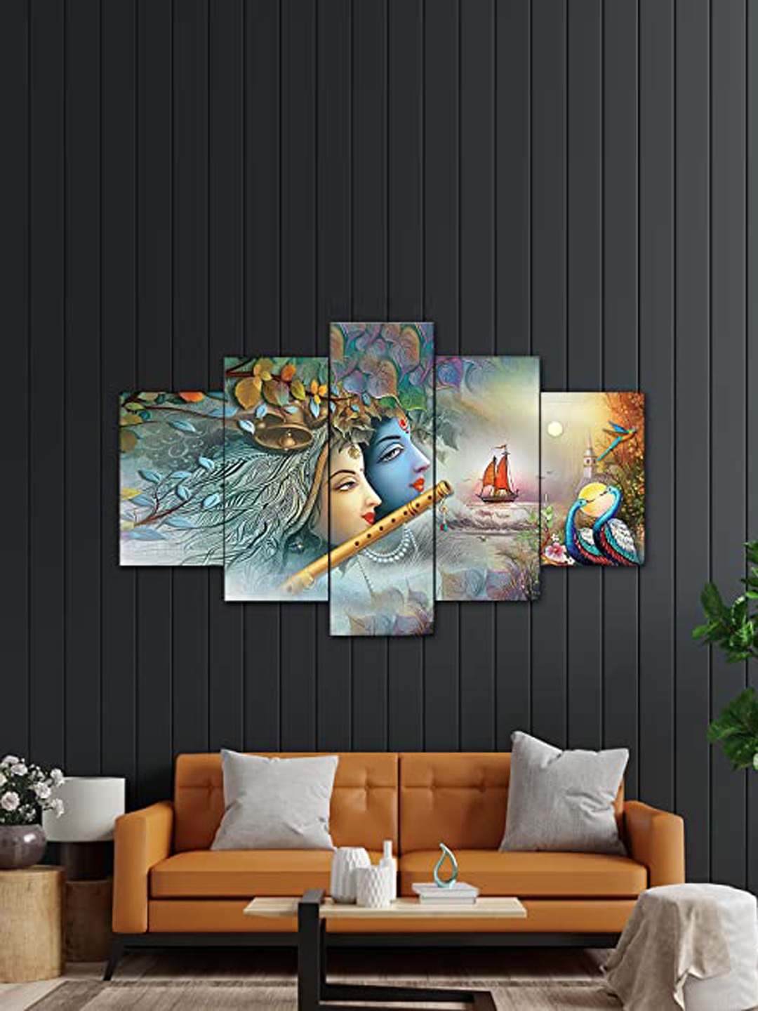

Perpetual Blue & Orange 5 Pieces Radha Krishna Printed Wooden 3D Painting Wall Arts