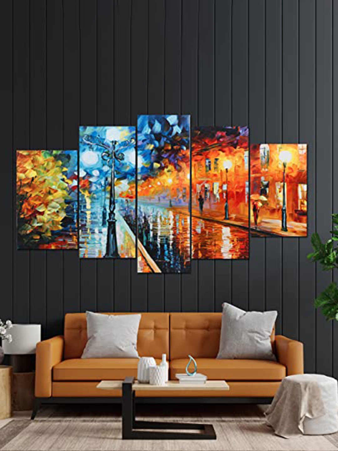 Perpetual 5 Pieces Blue & Orange 3D Printed Wooden Painting Wall Art
