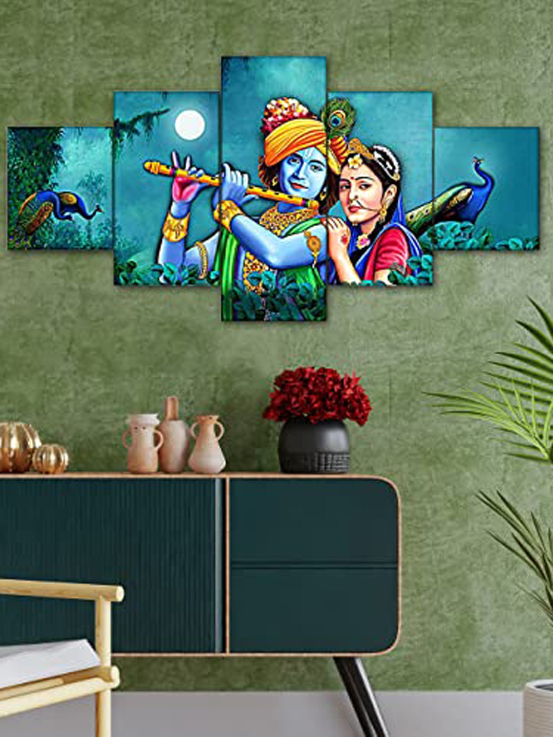 

Perpetual Blue 5 Pieces Radha Krishna Wooden Painting Wall Art