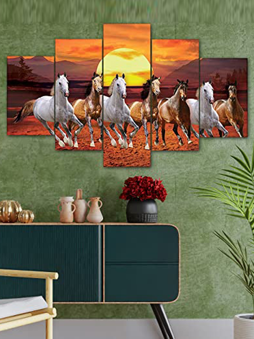 

Perpetual White & Orange Vastu Horses Wooden Painting Wall Art