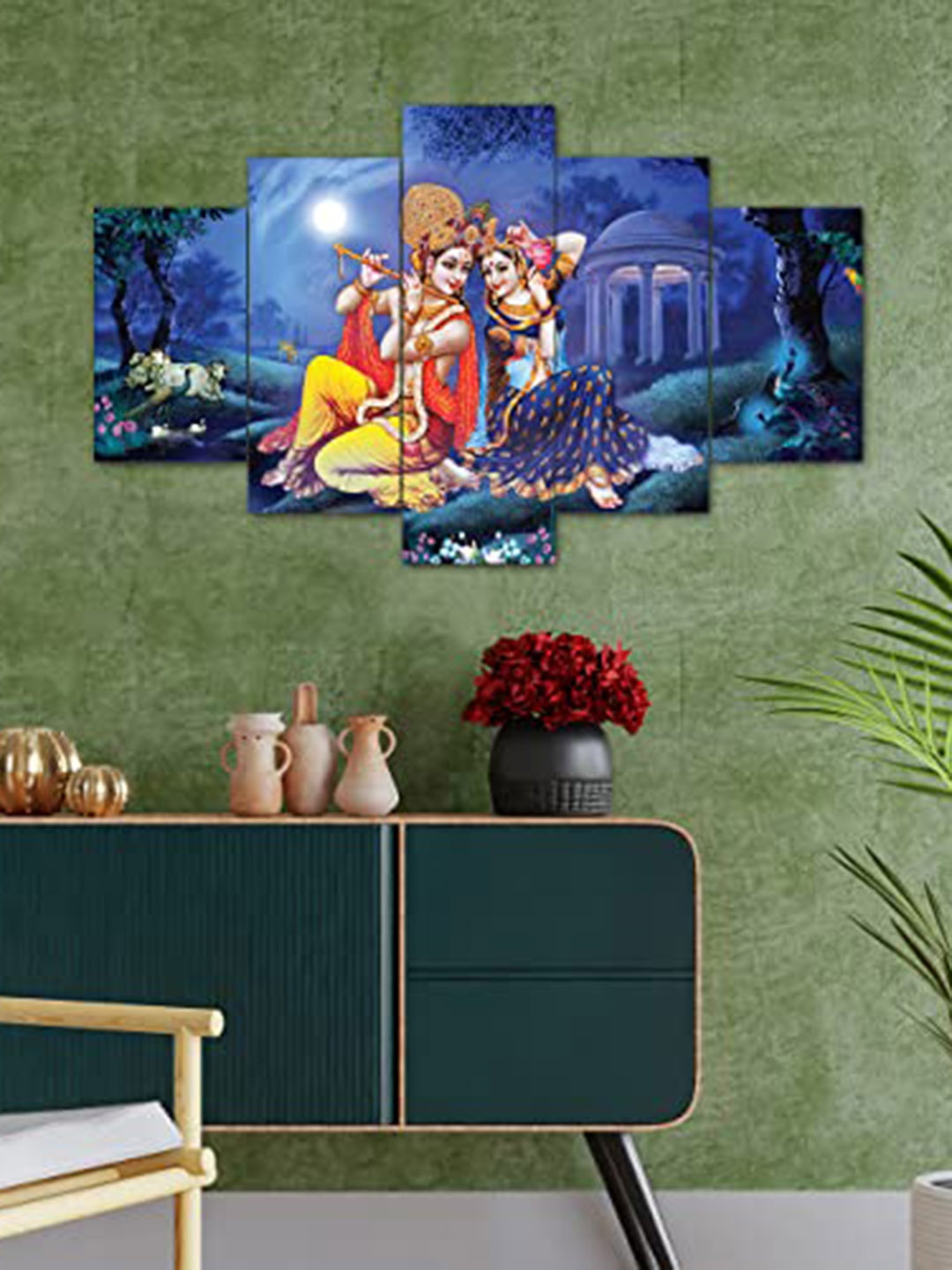 

Perpetual Blue & Yellow 5 Pieces Wooden Radha Krishna Painting Wall Arts