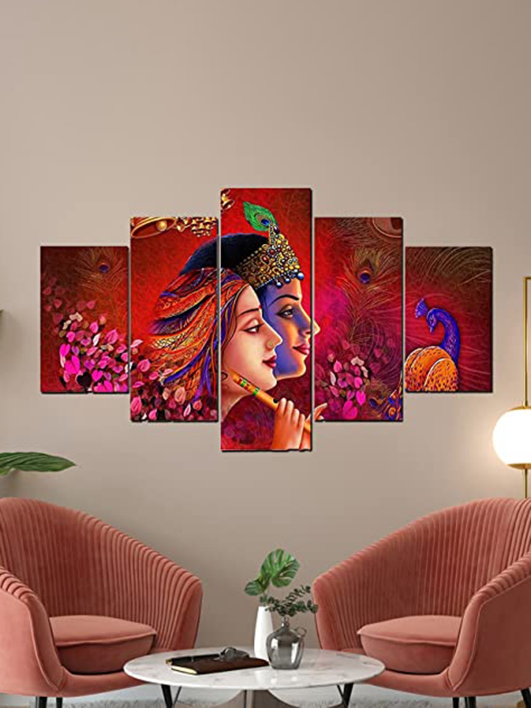 

Perpetual Red Radha Krishna Printed Wooden Painting Framed Wall Art