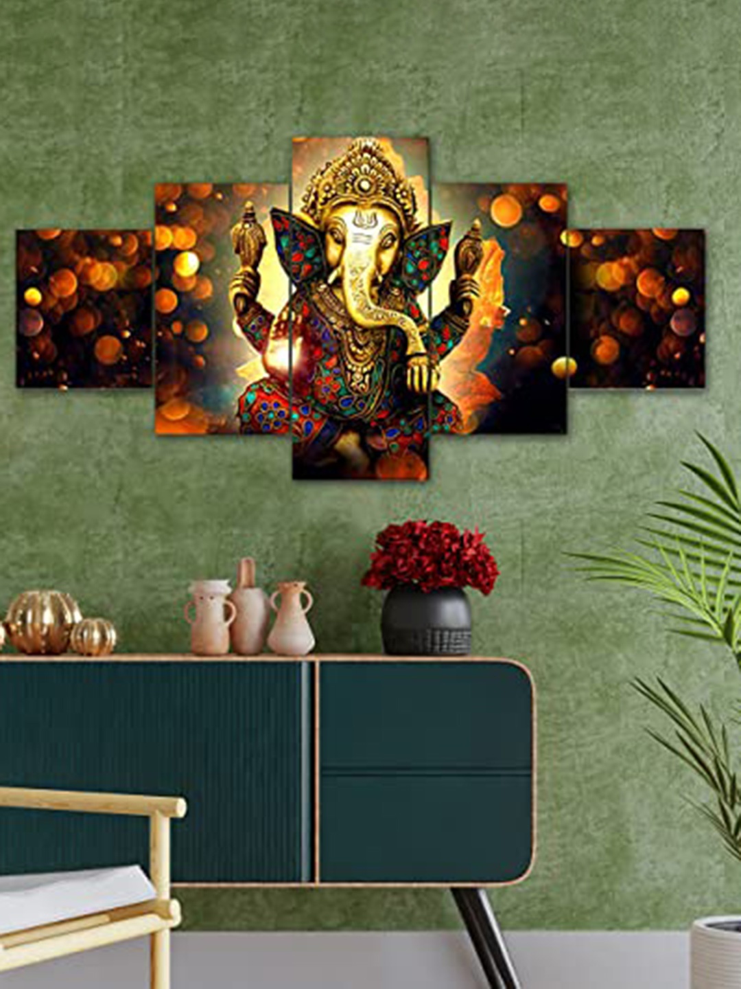 

Perpetual Orange & Blue 5 Pieces Ganesha Wooden 3D Wall Painting Wall Art