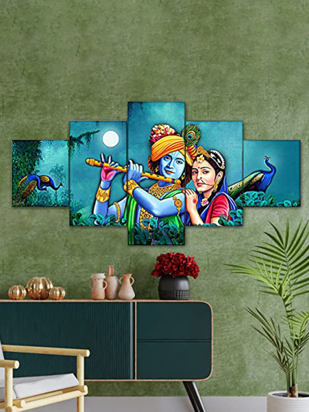 

Perpetual Blue & Green 5 Pieces Radha Krishna 3D Painting Wall Arts