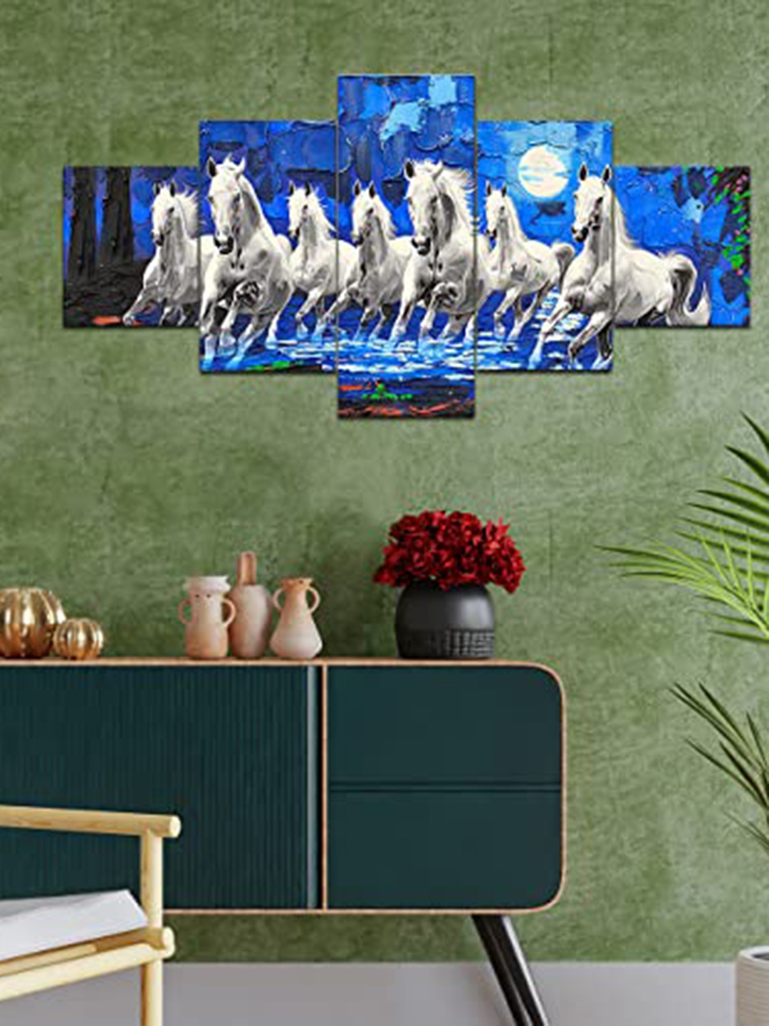 

Perpetual Blue & White 5 Pieces Wooden Seven Horses Vastu Painting Wall Art