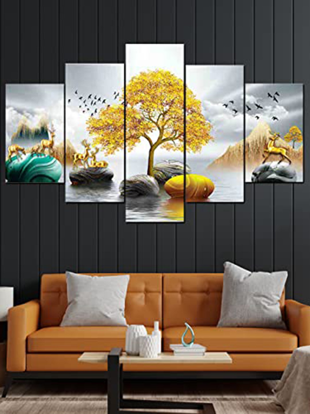 

Perpetual Grey & Yellow 5 Pieces Wood Tree of Life Wall Paintings