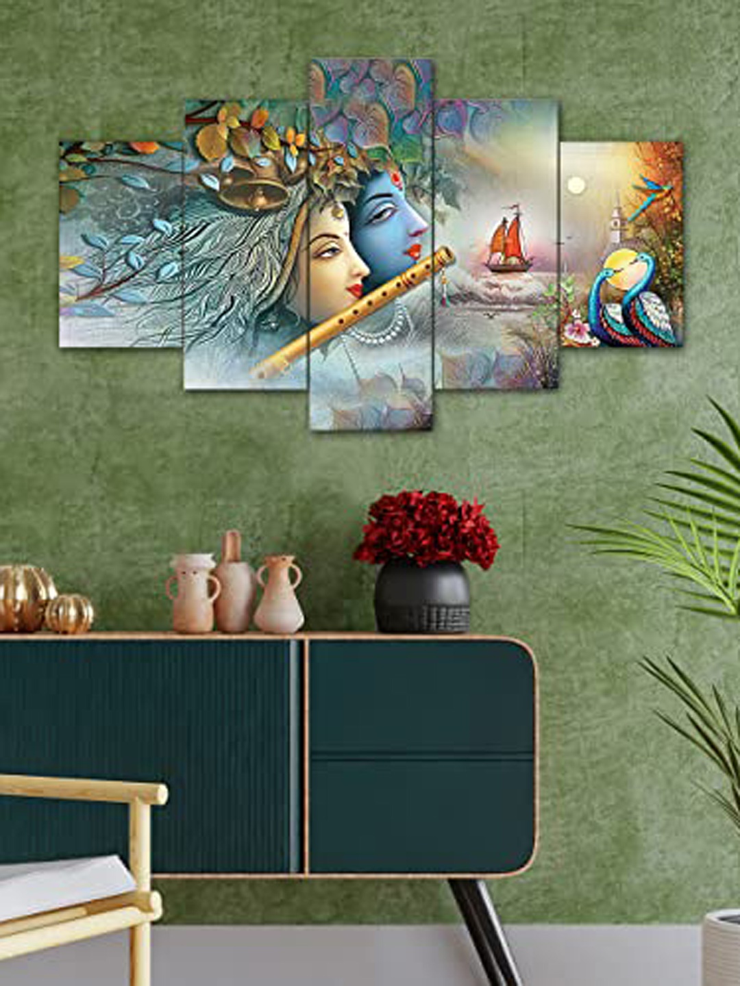 Perpetual Grey & Blue 5 Pieces Radha Krishna Printed Wooden Painting Wall Art