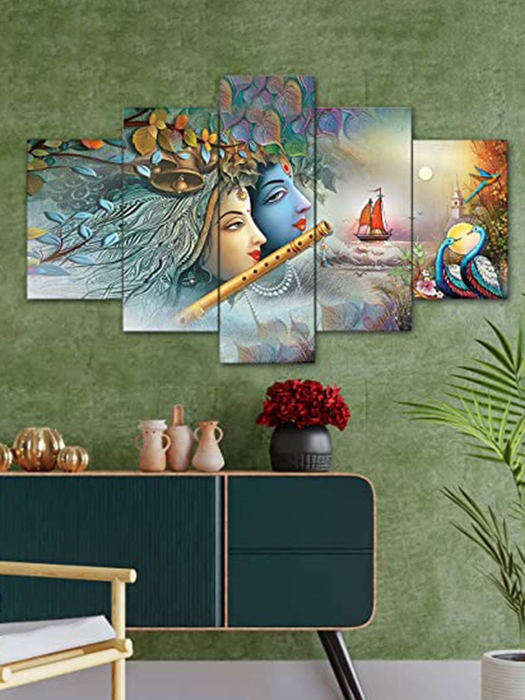 

Perpetual Blue & Yellow 5 Piece Wooden Radha Krishna Wall Painting Wall Art