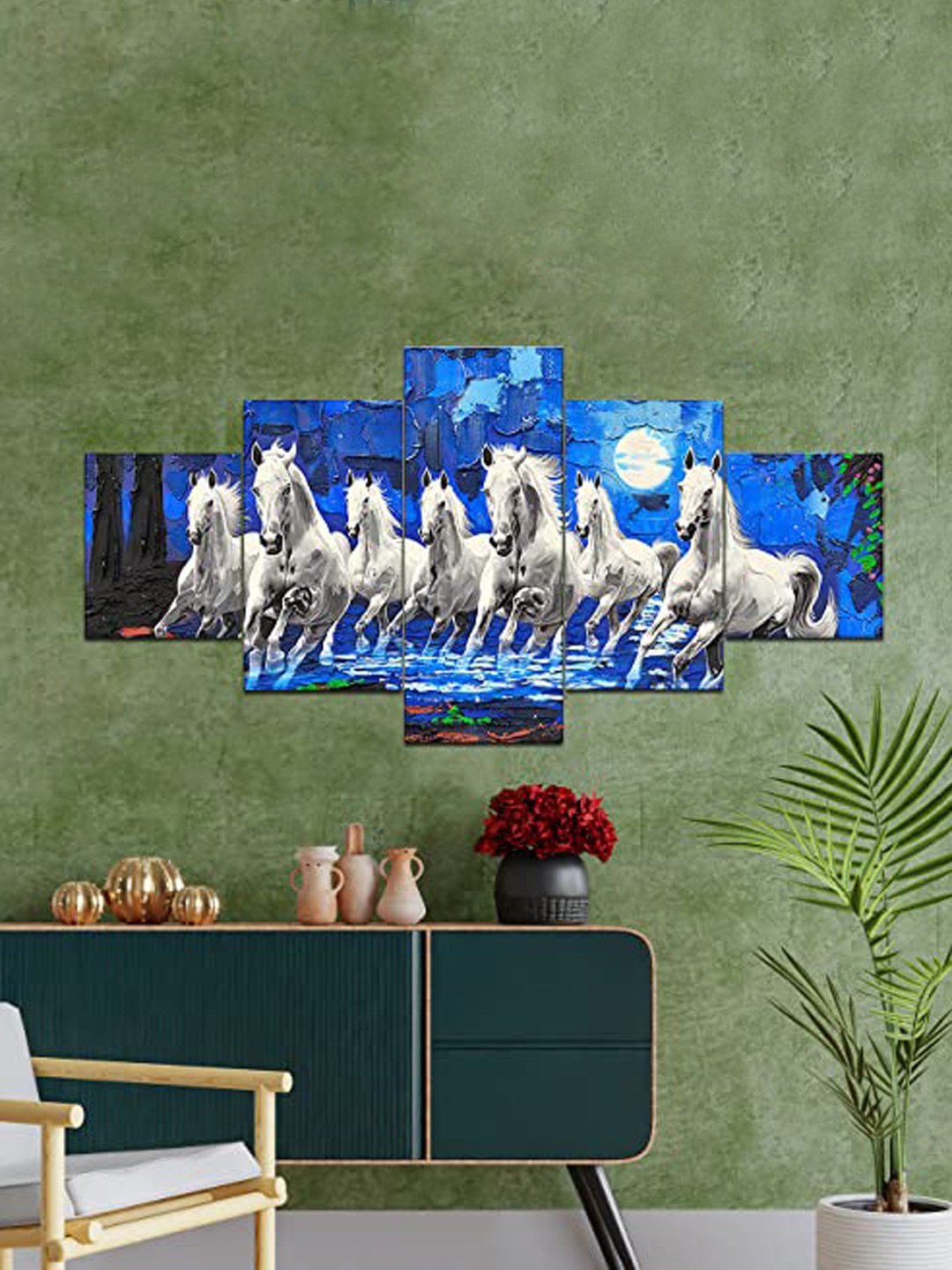 Perpetual White & Blue 5 Pieces Vastu Horses Printed Wooden 3D Painting Wall Arts