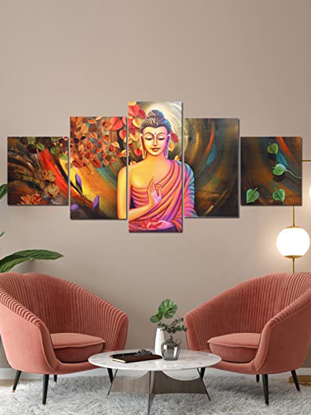 Perpetual Orange & Yellow 5 Pieces Wooden Buddha Painting Wall Art