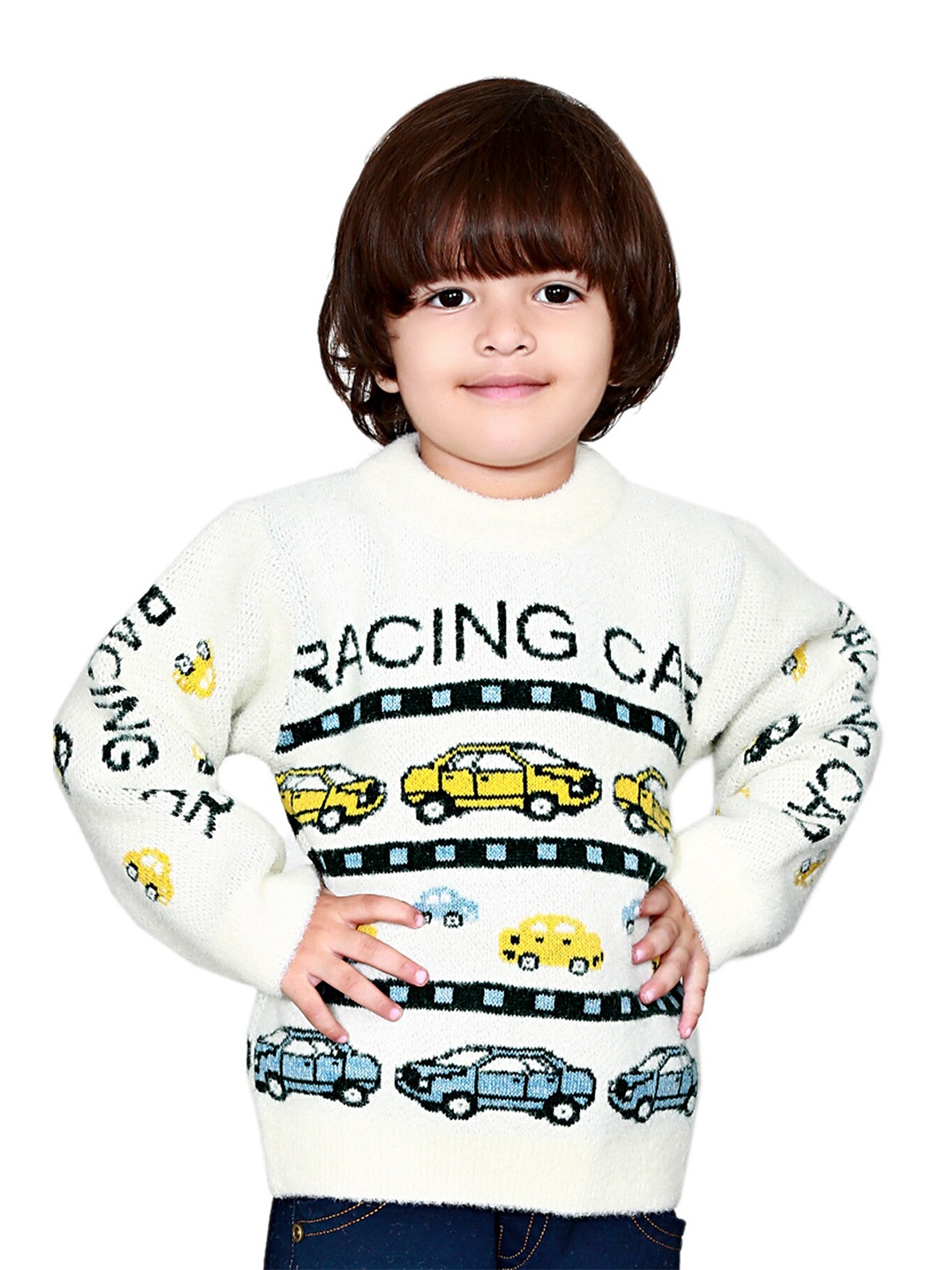 

BAESD Kids Conversational Printed Round Neck Acrylic Pullover Sweater, Cream