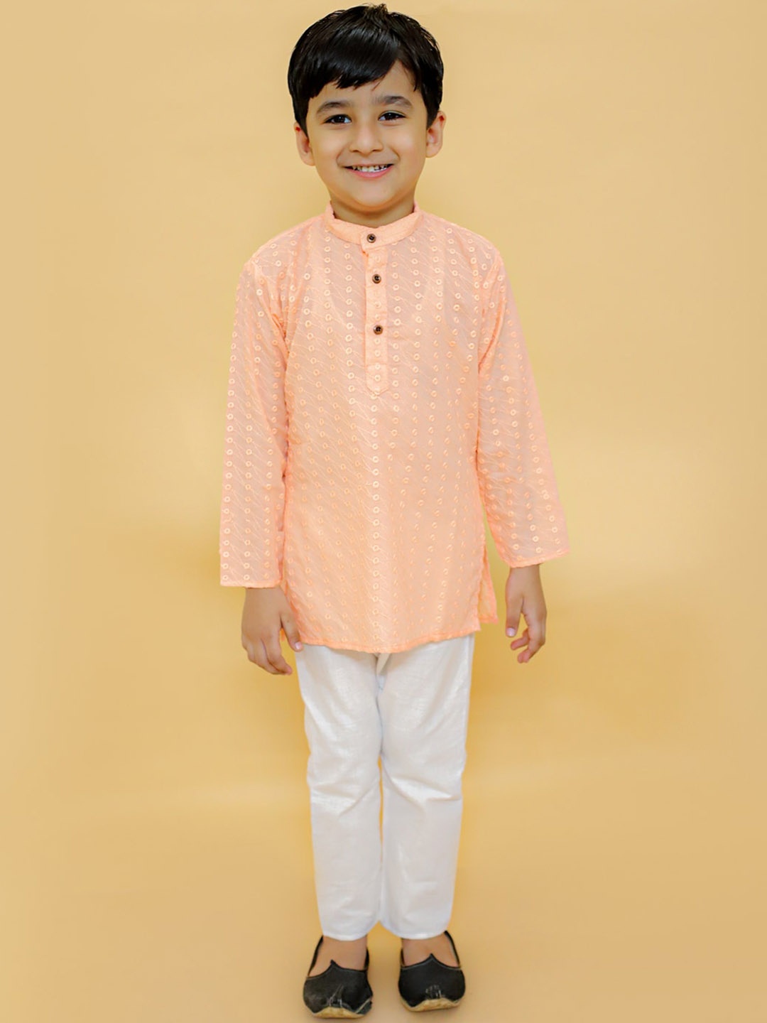 

BAESD Infant Boys Ethnic Motifs Embroidered Chikankari Pure Cotton Kurta with Pyjamas, Peach