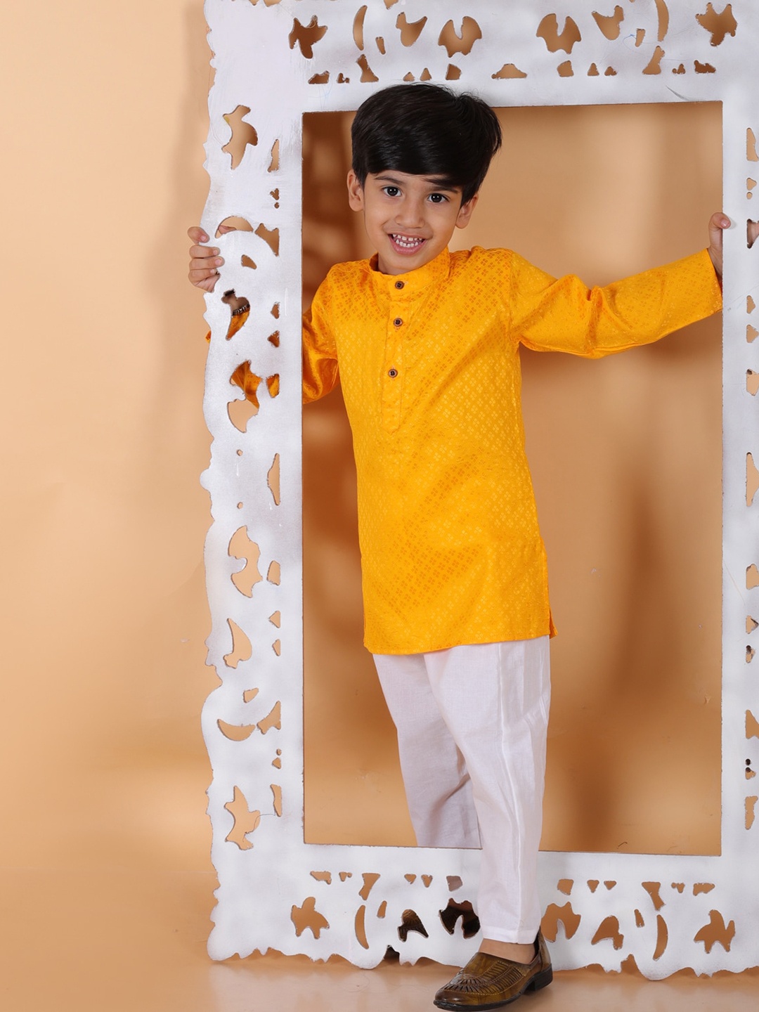 

BAESD Boys Woven Design Band Collar Kurta with Pyjamas, Orange
