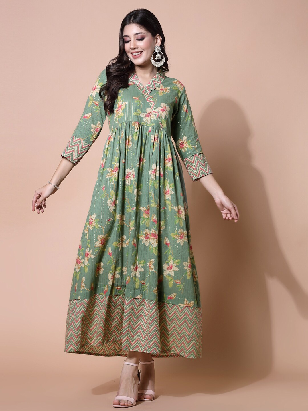 

LARGISH Floral Printed V-Neck Wrap Maxi Ethnic Dress, Green