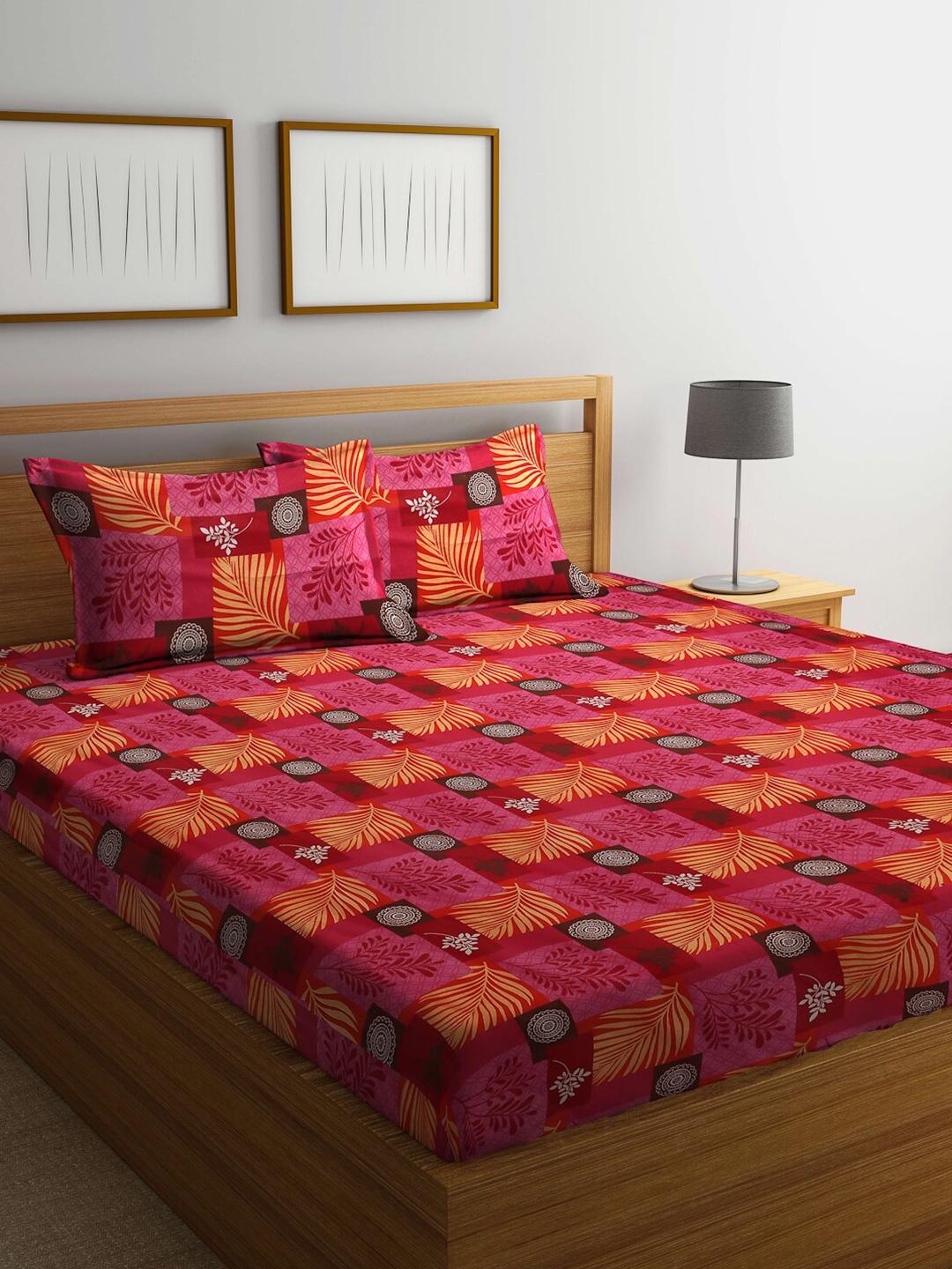 

Dhrohar Pink & Orange Floral Cotton 240 TC Queen Bedsheet with 2 Pillow Covers