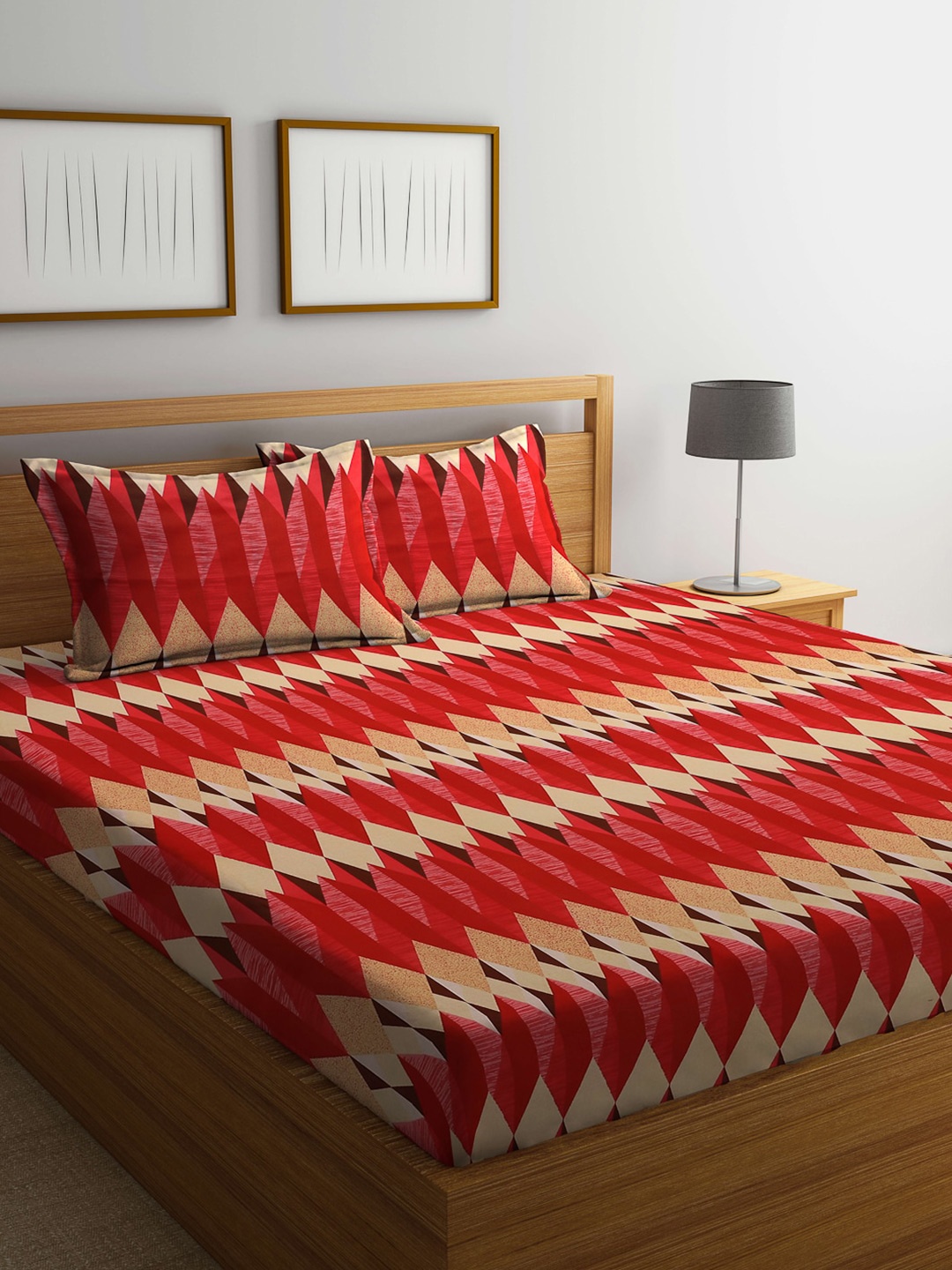 

Dhrohar Red & Beige Geometric Cotton 240 TC Queen Bedsheet with 2 Pillow Covers