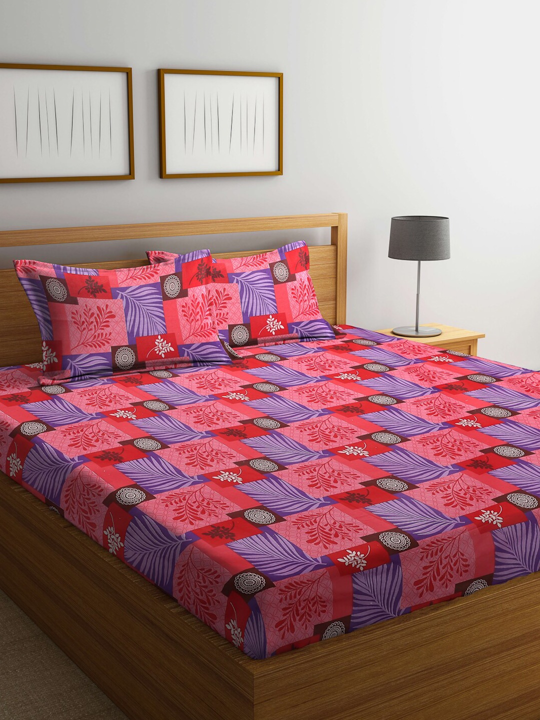 

Dhrohar Peach-Coloured & Blue Floral Cotton 240 TC Queen Bedsheet with 2 Pillow Covers