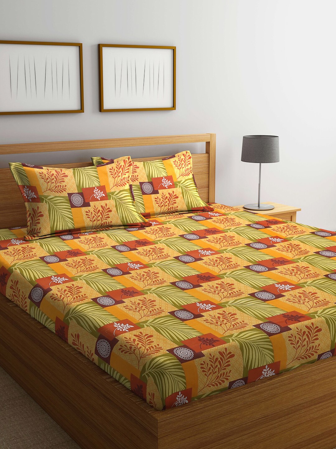 

Dhrohar Yellow & Brown Floral Cotton 240 TC Queen Bedsheet with 2 Pillow Covers