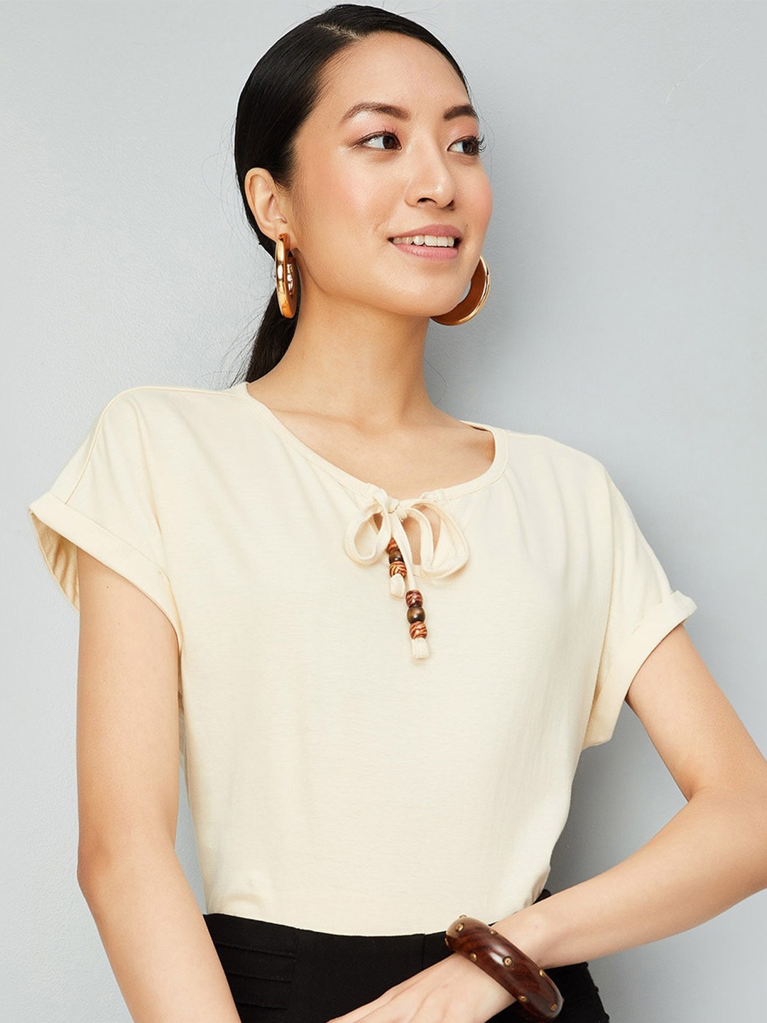 

max Tie-Up Neck Extended Sleeves Pure Cotton Top, Beige