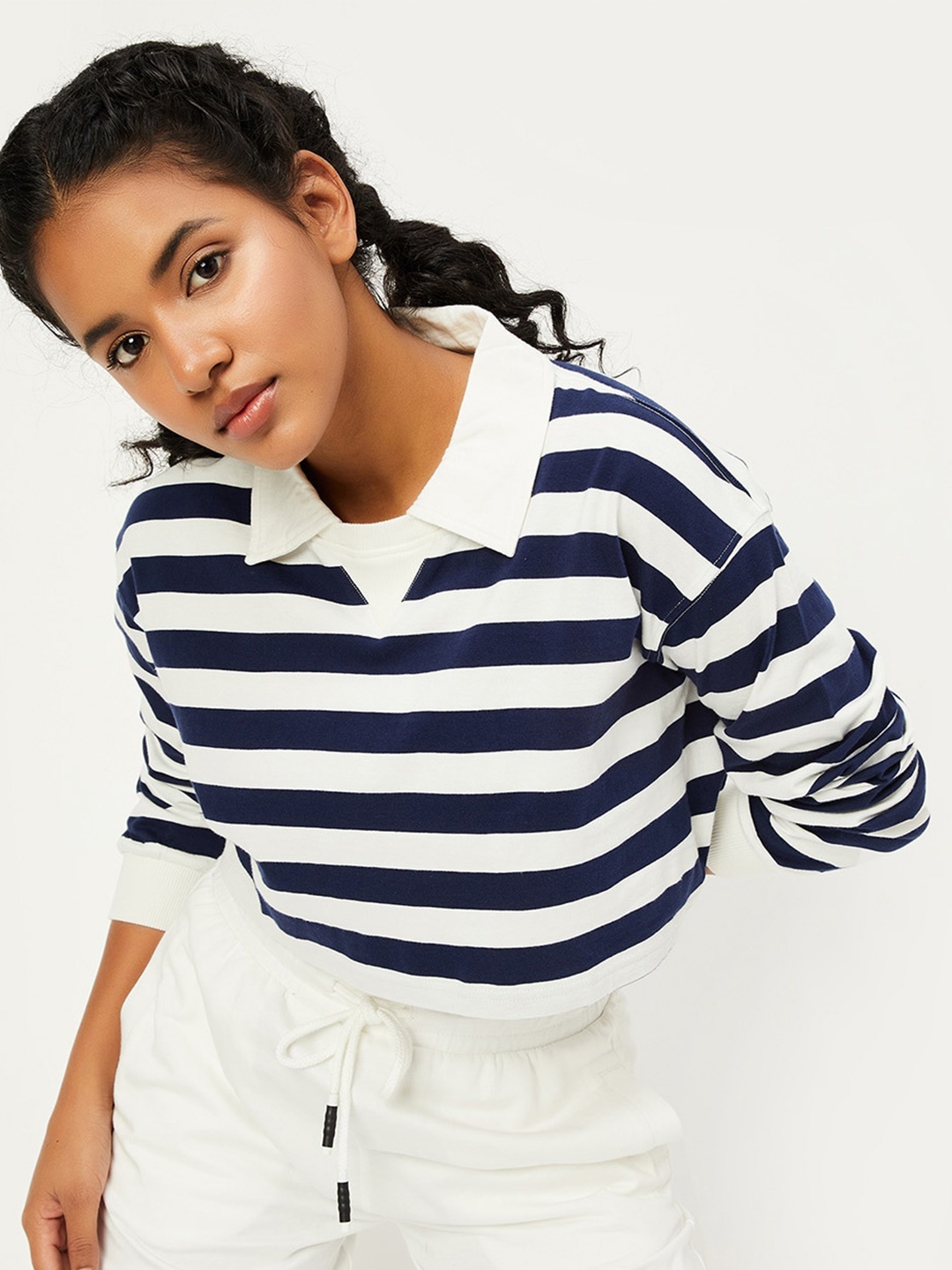 

max Horizontal Striped Shirt Collar Cuffed Sleeves Pure Cotton Shirt Style Top, Navy blue