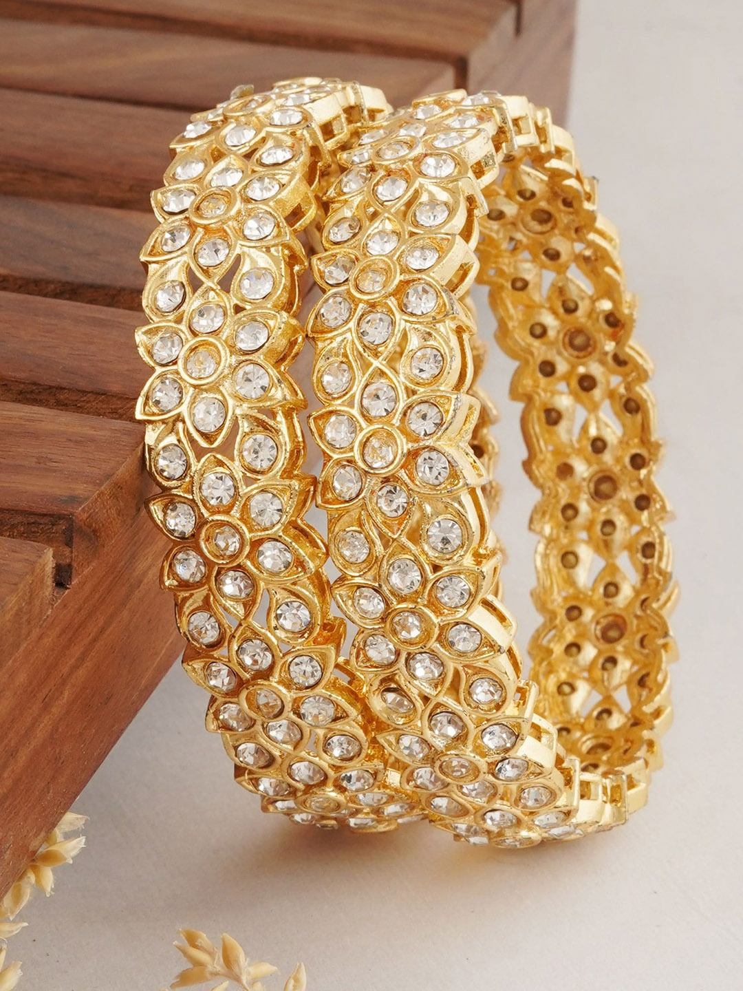 

MANSIYAORANGE Set Of 2 Gold-Plated American Diamond Studded Bangles