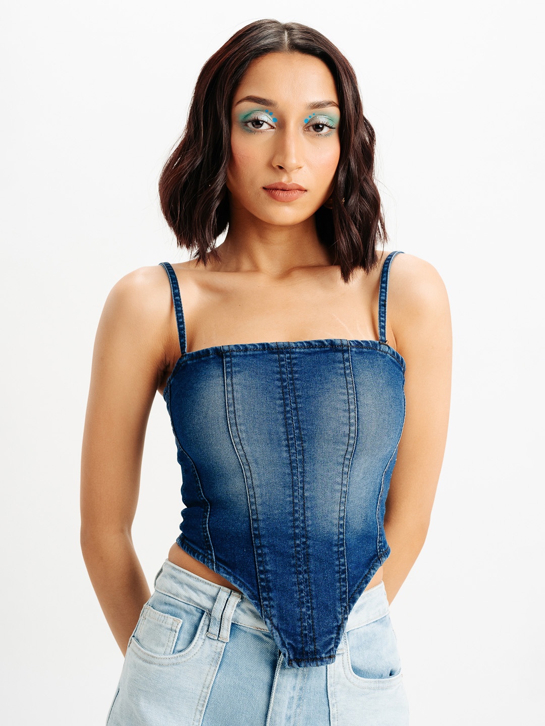 

FREAKINS Shoulder Strap Cotton Fitted Denim Crop Top, Blue