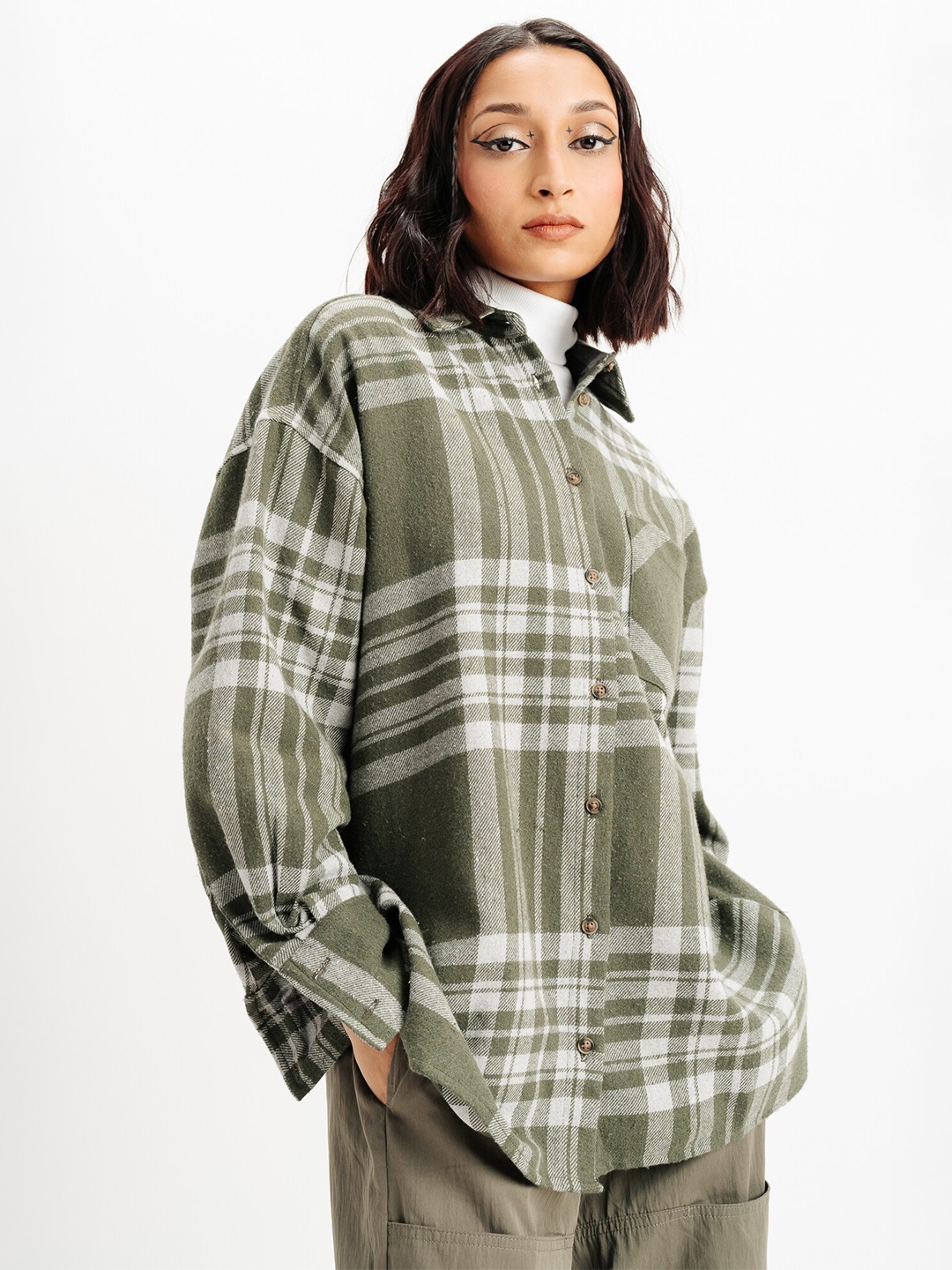 

FREAKINS Olive Green Tartan Checked Spread Collar Cotton Oversized Casual Shirt