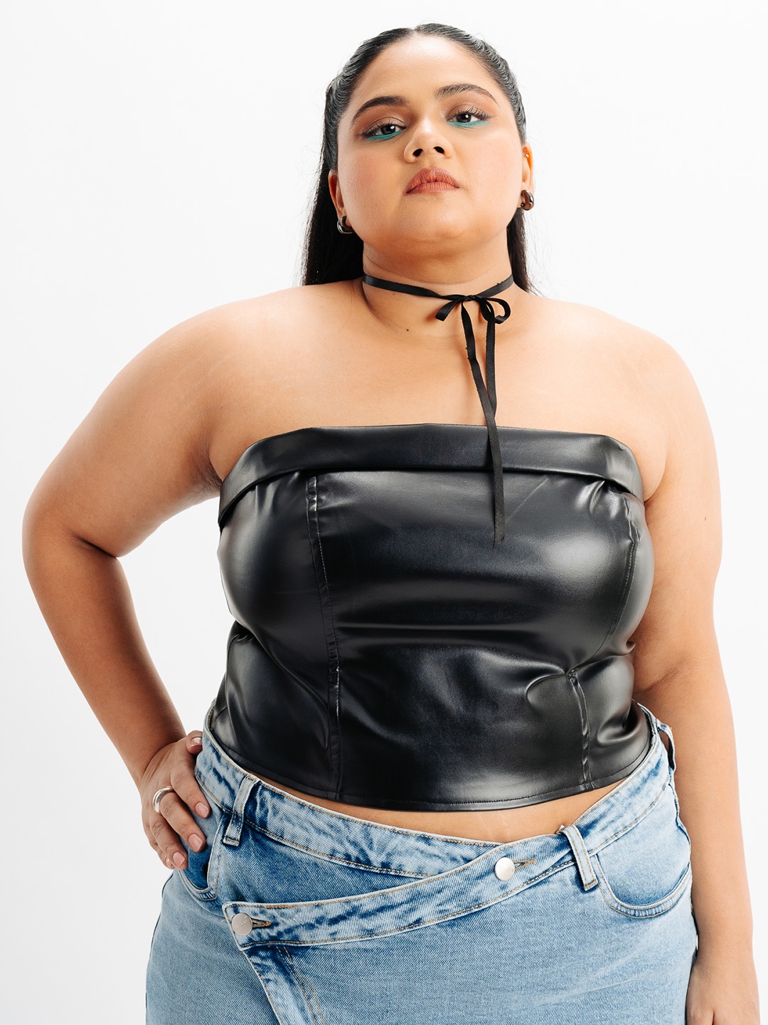 

FREAKINS Strapless Leather Crop Tube Top, Black