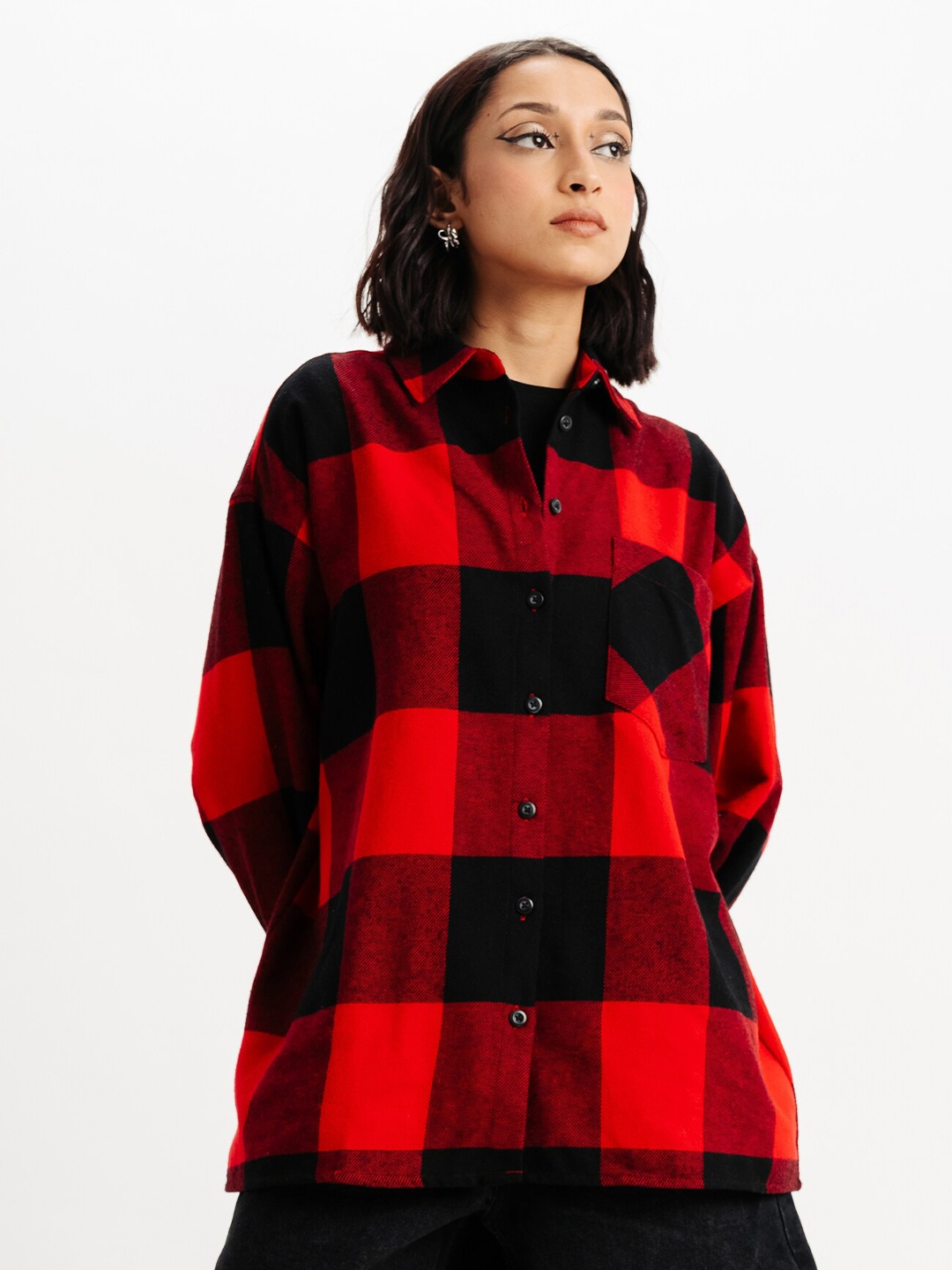 

FREAKINS Red Windowpane Checked Spread Collar Cotton Oversized Casual Shirt