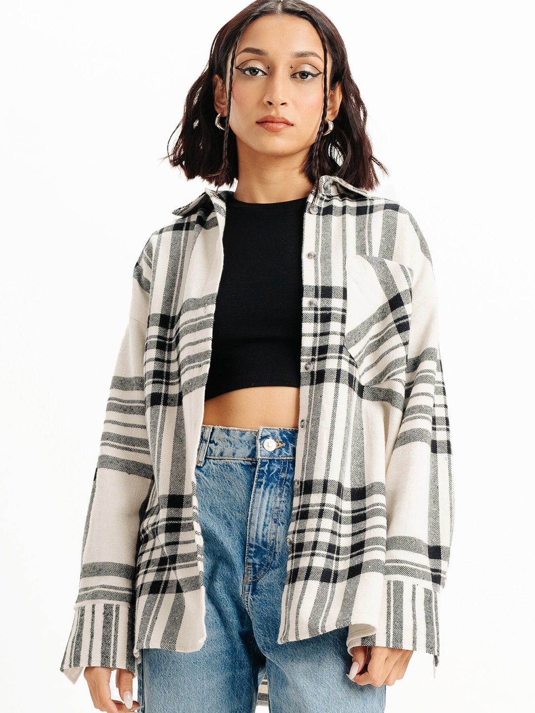 

FREAKINS White Tartan Checked Spread Collar Cotton Casual Shirt