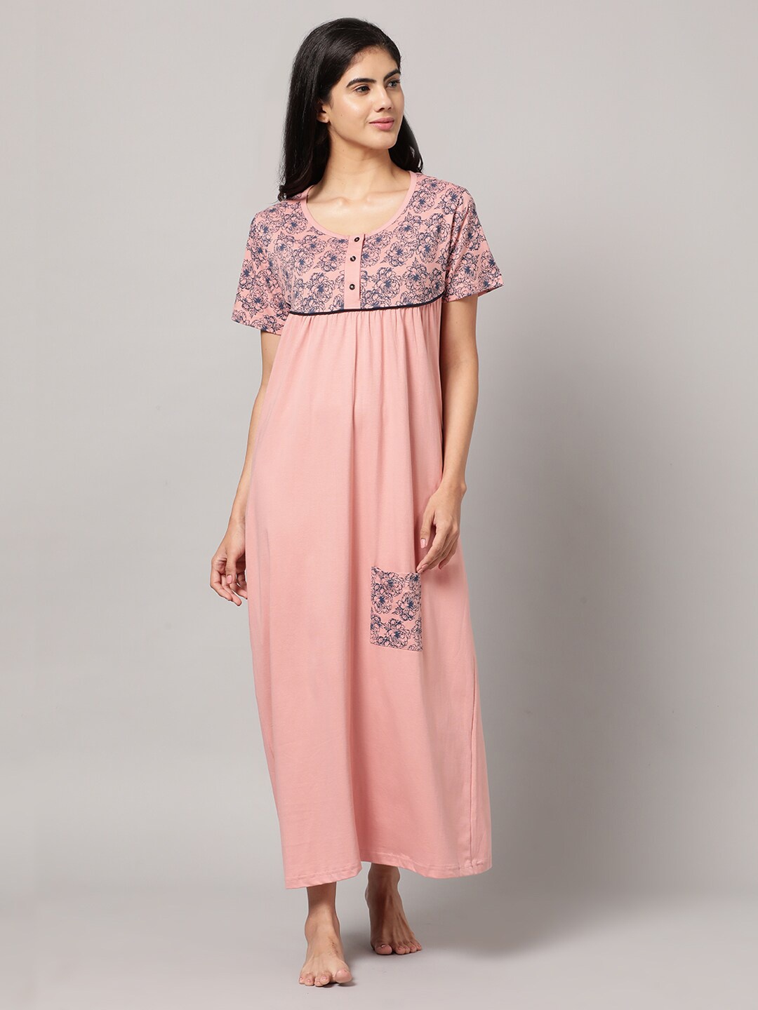 

Kryptic Floral Printed Pure Cotton Maxi Nightdress, Pink