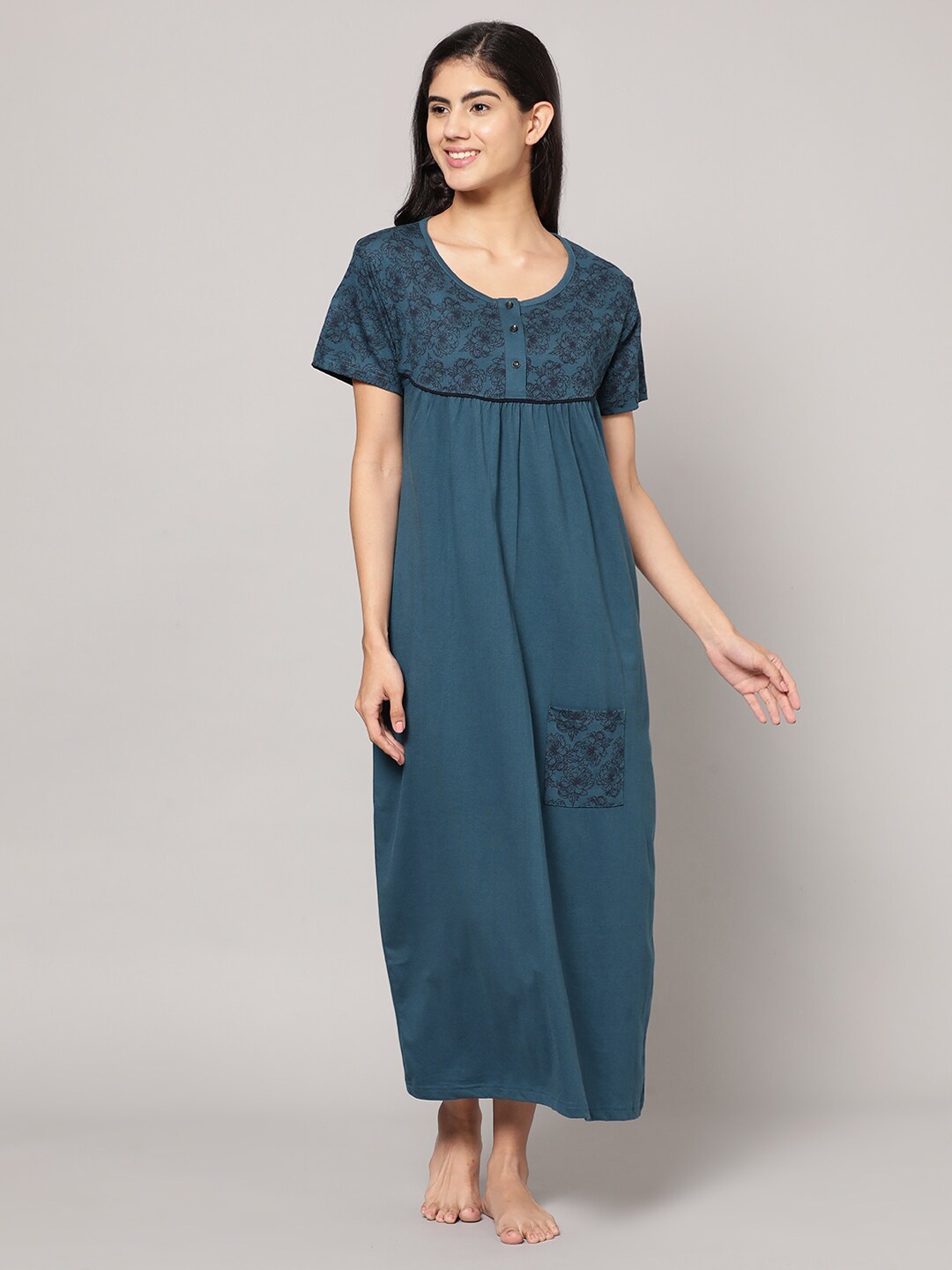 

Kryptic Floral Printed Pure Cotton Maxi Nightdress, Teal