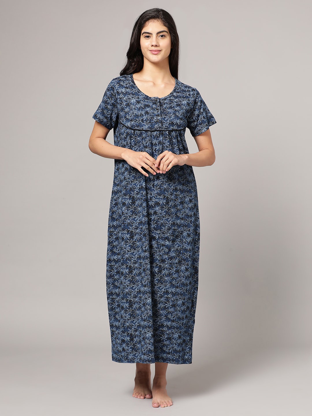 

Kryptic Floral Printed Pure Cotton Maxi Nightdress, Navy blue