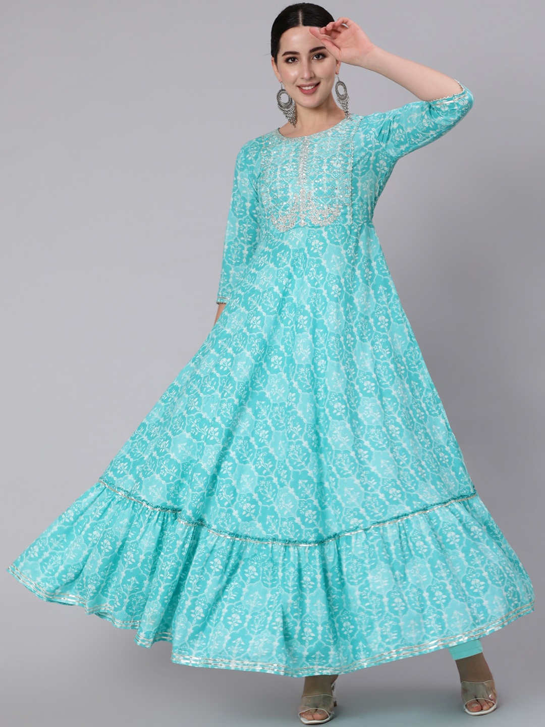 

AADAT Floral Printed Pleated Fit & Flare Sequinned Cotton Ethnic Dress, Sea green