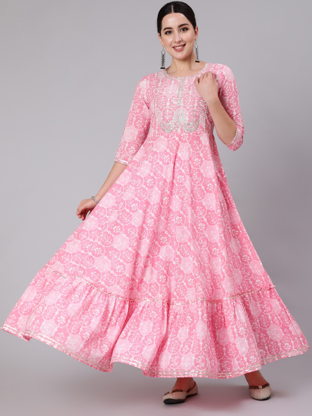 

AADAT Floral Printed Pleated Fit & Flare Sequinned Cotton Ethnic Dress, Pink