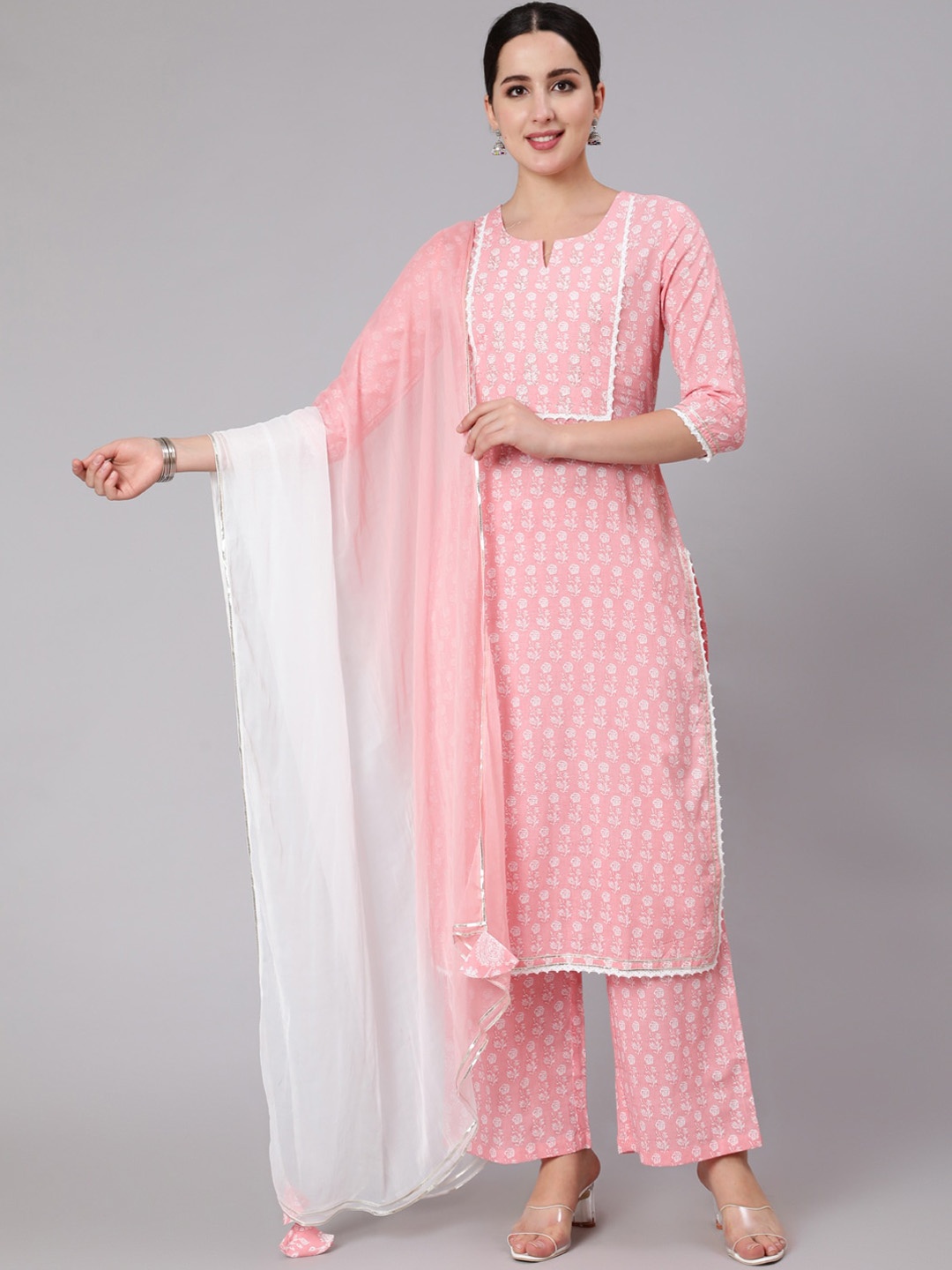 

AADAT Printed Regular Pure Cotton Kurta With Palazzos & Dupatta, Pink