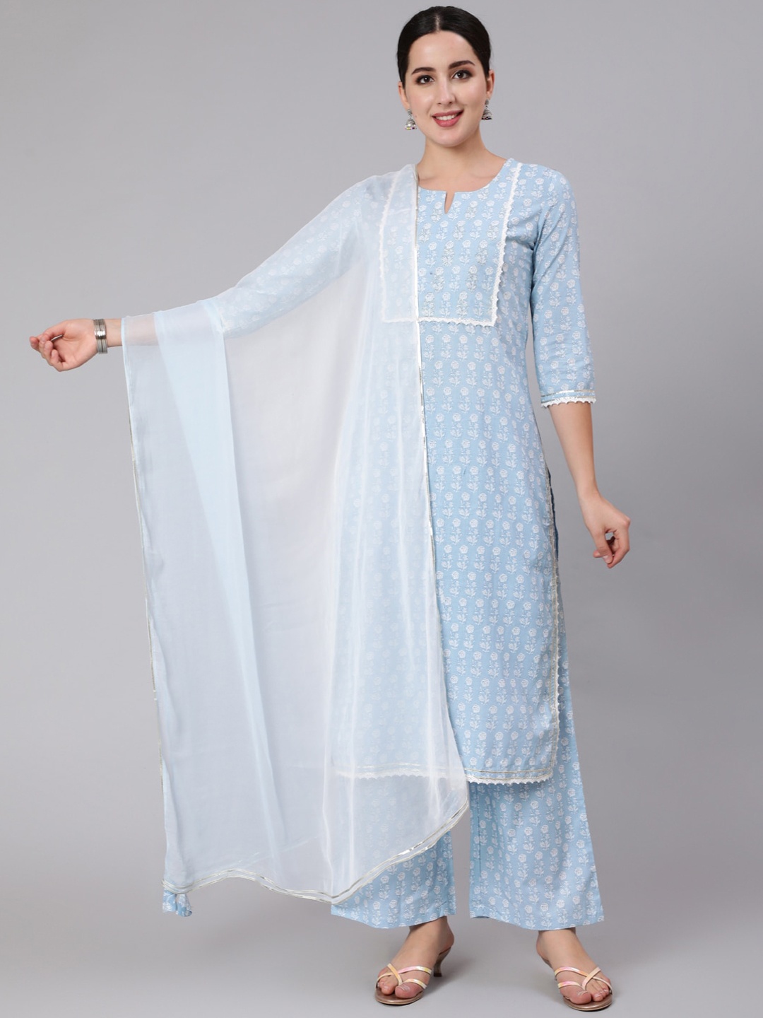 

AADAT Printed Regular Pure Cotton Kurta With Palazzos & Dupatta, Blue